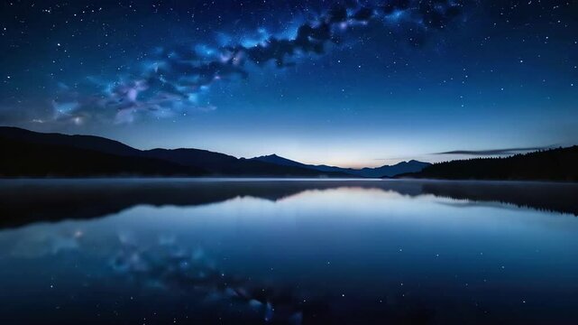 Milky Way galaxy reflection in calm lake at night, for websites and desktop backgrounds