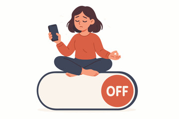 Mindfulness and digital detox illustration: Woman sits meditating on a giant 'OFF' switch, reluctantly holding smartphone, symbolizing disconnecting from tech overload for wellbeing.