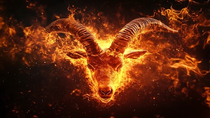 Glowing fiery goat head surrounded by intense flame bursts against a shadowy backdrop generative ai