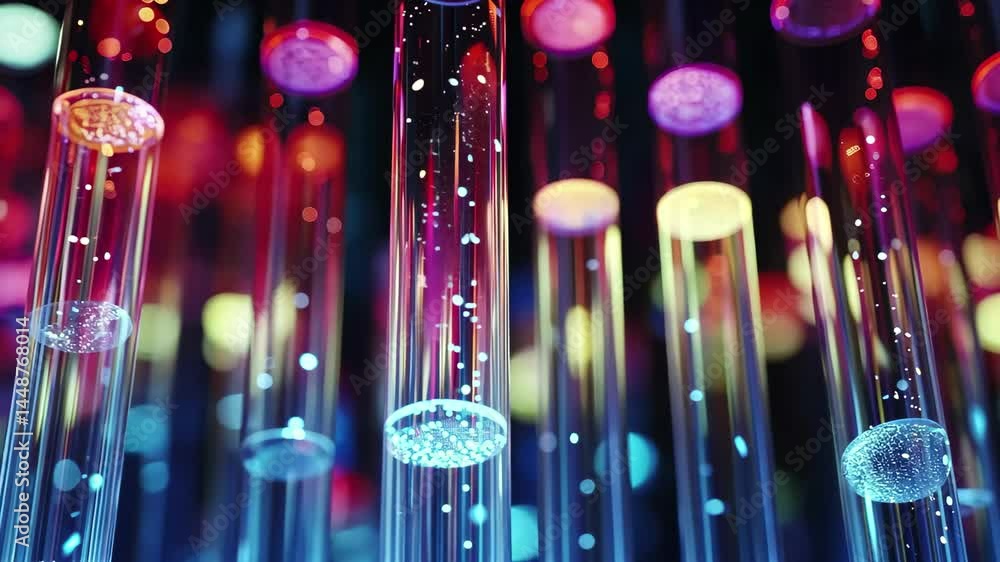 Poster laboratory test tubes in a vibrant display of data processing technology and colorful lighting, data