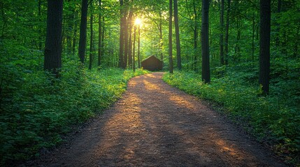 Obraz premium Walking Path Through Lush Forest with Sunlight and Distant Cabin