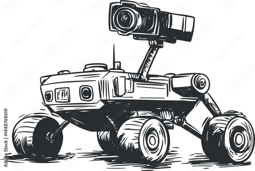 Poster black and white sketch of a robotic rover with camera and large wheels for space exploration