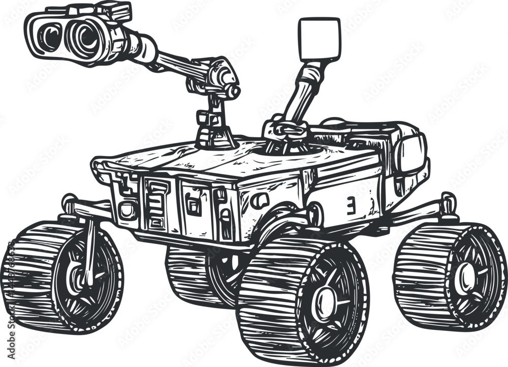 Poster black and white sketch of a robotic rover with four large wheels and a camera arm for space explorat