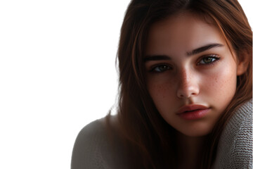 A young woman with a sad expression, isolated on a transparent background.