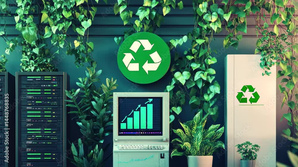 Poster data processing and ecological sustainability represented in a modern server room with greenery, dat
