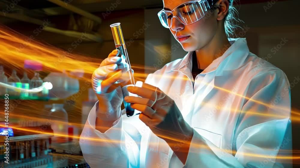 Poster light trails illuminate scientist conducting experiment in laboratory, light trails over caucasian s