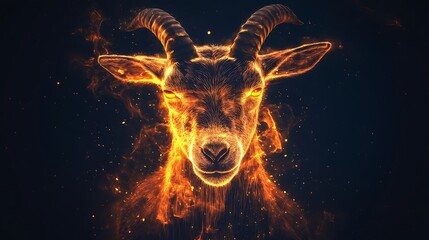 Radiant fiery goat portrait illuminated with glowing light and dark mysterious backdrop generative ai