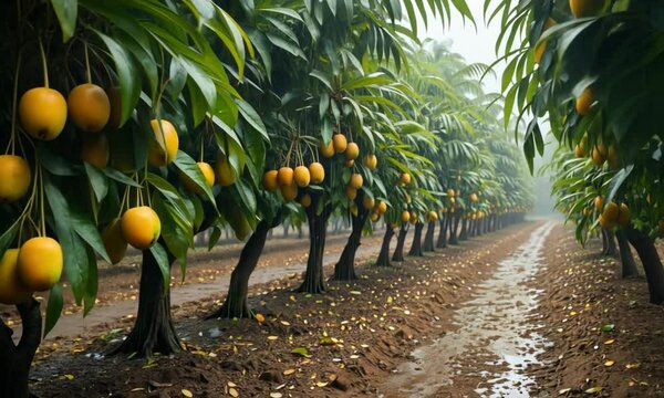 Rows of Mango trees in a fruit orchard
