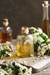 A bottle of herbal tincture with fresh hawthorn flowers