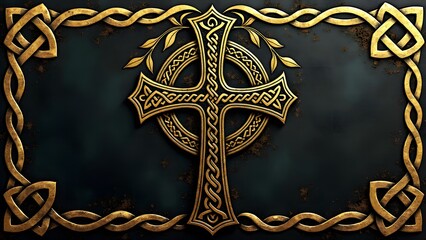 celtic cross with vine motifs, gold leaf texture
