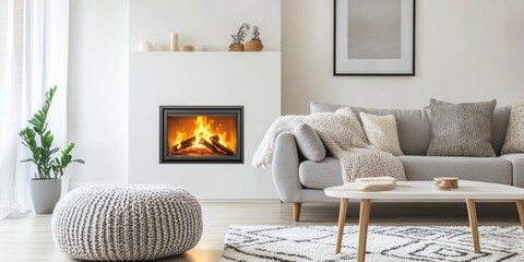 Cozy living room with fireplace and comfortable seating.  Light, neutral tones create a warm and inviting atmosphere.  A knitted ottoman adds texture to the space