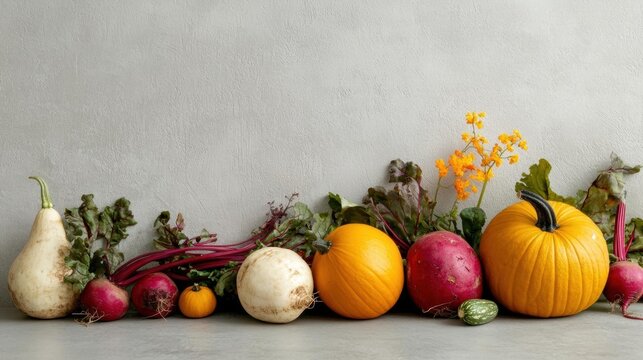 Collection of fresh vegetables arranged on a gray surface against a white wall.