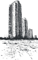 Black and white illustration of abandoned and ruined high-rise buildings in a desolate urban wasteland © vadymstock