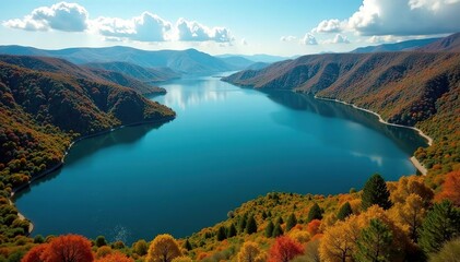 Irregular shaped lake with winding shoreline, reeds, vegetation, environment