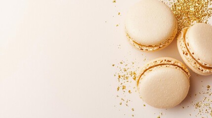 Three white macarons on a white background. the macaroons are arranged in a triangular formation, with the largest one in the center and two smaller ones on either side.