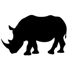 Black Silhouette of a Rhinoceros Grazing on a White Background