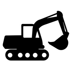 Silhouette of a powerful excavator digging and moving earth construction equipment