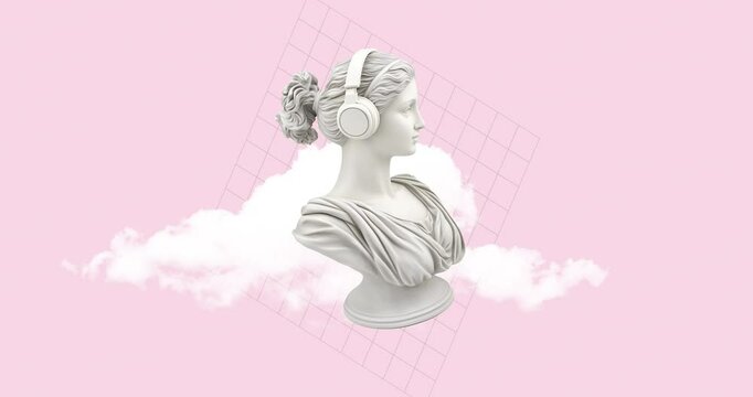 Plaster bust donning headphones against pink backdrop, surrounded by soft clouds and pastel brushstroke accents, creating artistic composition, conceptual, music, freedom of expression, modern trends