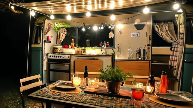 Cozy vintage camping dining area with string lights and warm ambiance at night, Cozy Camping Dining Table with Lighted Vintage Campervan