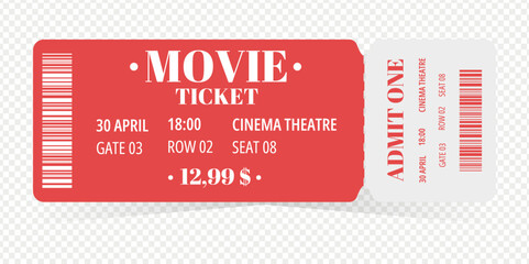 Movie ticket without background in red and white style