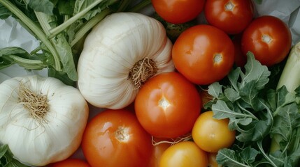 Group of fresh vegetables, including a white garlic bulb, a bunch of red tomatoes, and a few yellow tomatoes.