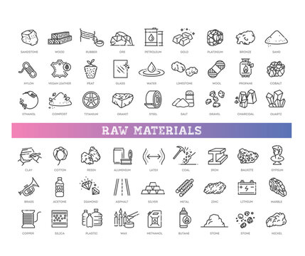 Raw materials icon set. Critical mineral resource outline icons