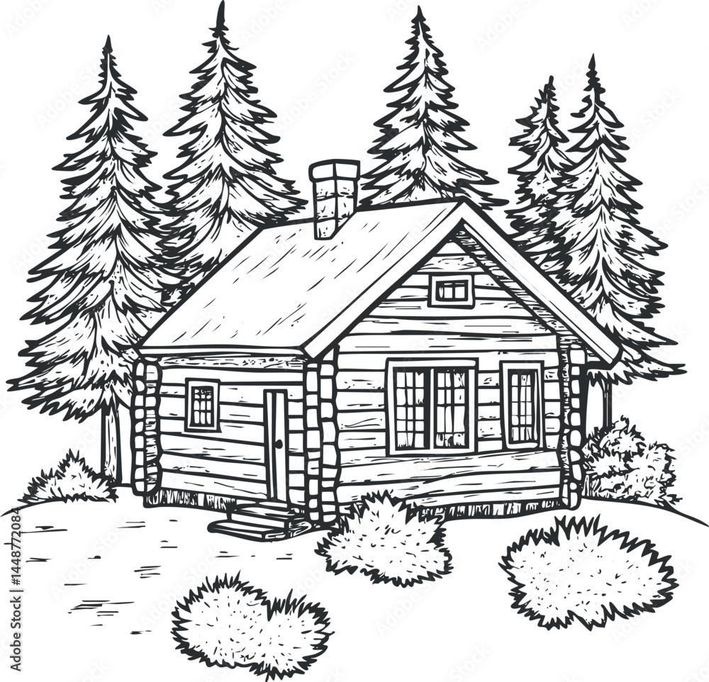 Poster black and white sketch of a wooden log cabin surrounded by tall pine trees and bushes in a forest se