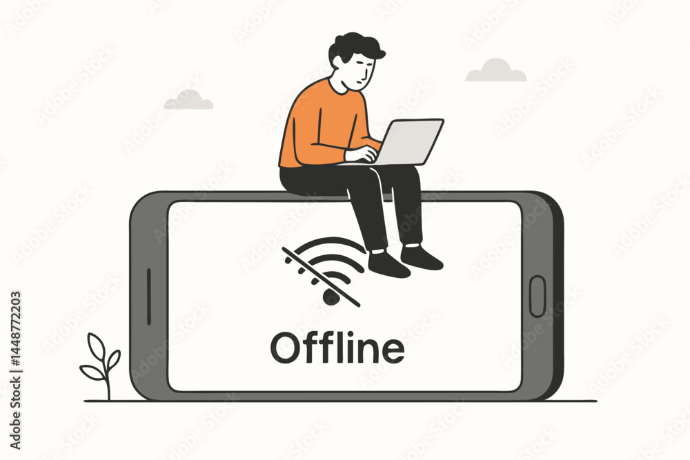 Poster vector illustration of a person working on a laptop atop a smartphone showing offline message and cr