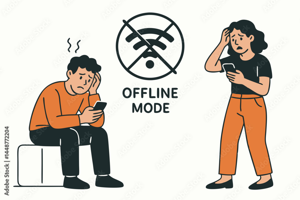 Aufkleber offline mode frustration concept with sad man and worried woman unable to connect to internet via sm