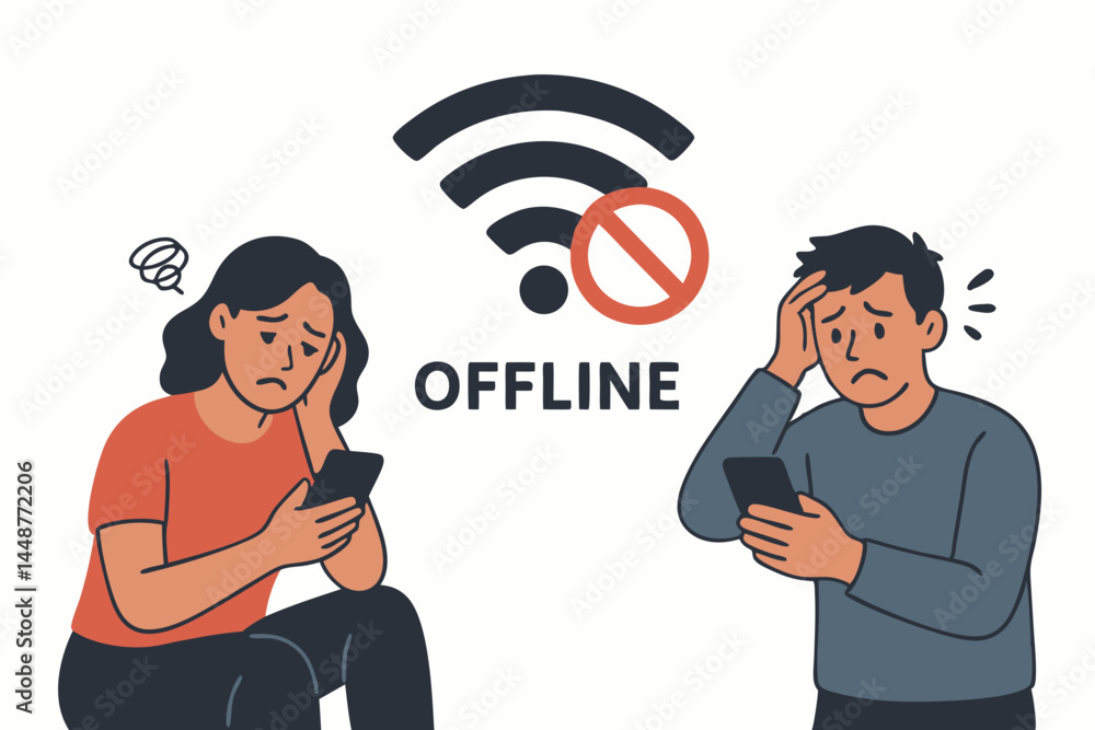 Fototapete man and woman stressed by poor mobile signal, offline message displayed with no wifi icon, vector gr