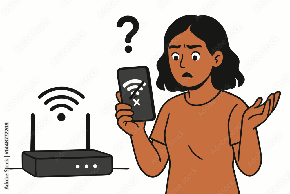 Aufkleber confused woman holding smartphone with no wi-fi signal despite router connection, vector illustratio