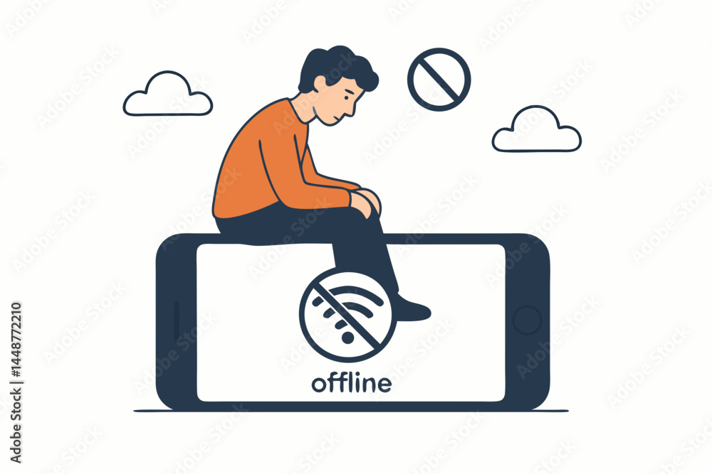 Poster dejected man sits atop a massive smartphone showing an offline status and crossed-out wi-fi icon vec