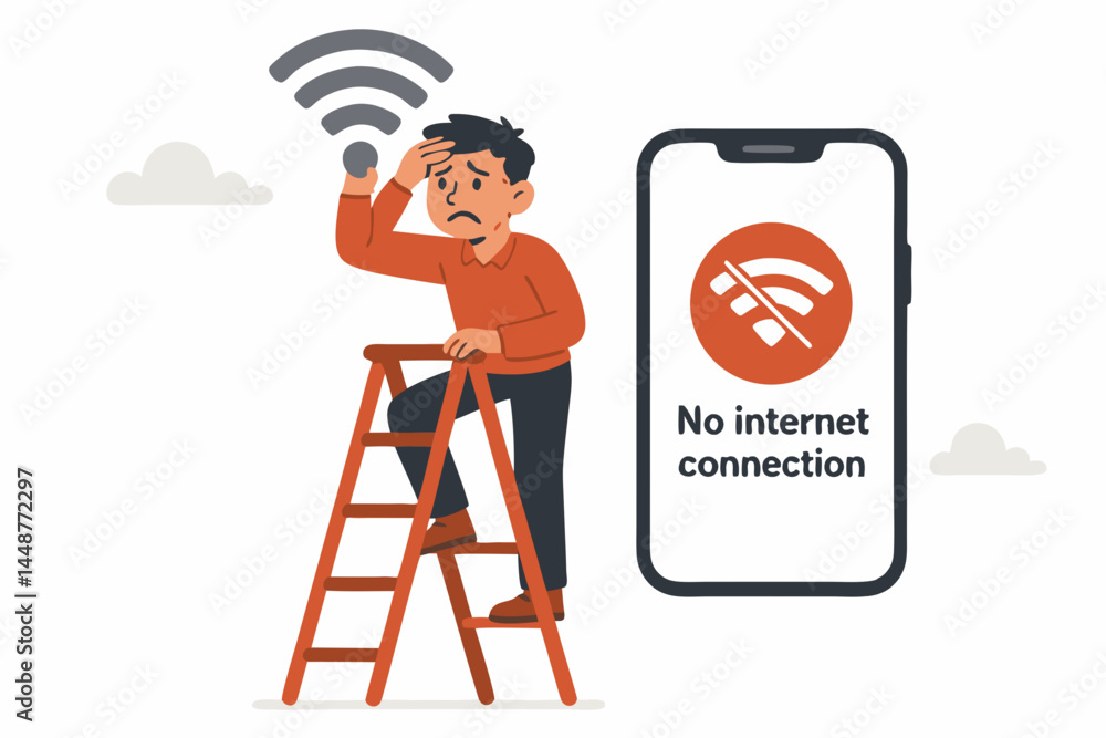 Poster searching for signal vector art: frustrated man on ladder struggles with weak wi-fi, smartphone disp