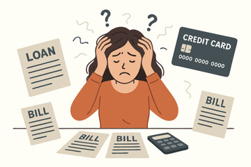 Financial overwhelm concept illustration showing a worried woman drowning in bills, loan payments, and credit card debt. Vector graphic depicting money problems, anxiety, and financial stress.