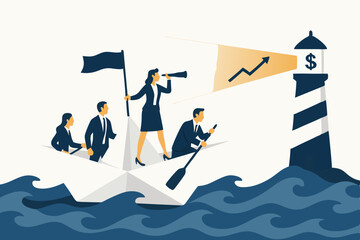 Business team led by visionary woman navigates paper boat towards lighthouse symbolizing financial growth opportunities and future success, vector illustration for strategy concept.