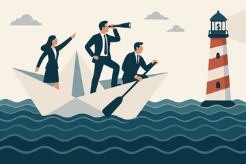 Teamwork concept with professionals in suits navigating challenging waters on a paper boat, seeking financial goals and business opportunities guided by a dollar sign lighthouse vision.