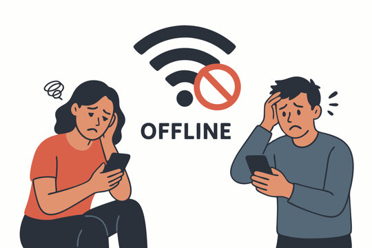 Man and woman stressed by poor mobile signal, offline message displayed with no wifi icon, vector graphic illustrating internet connection error and technology frustration.