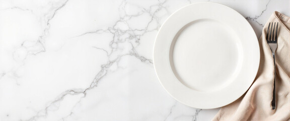 Empty white plate on marble backdrop with linen napkin, elegant dining concept
