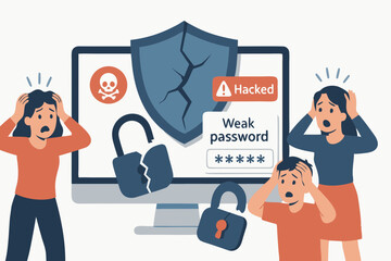Cybersecurity failure concept vector. Distressed individuals respond to hacked computer alert, weak password message, cracked shield, and broken padlock icons showing vulnerability.