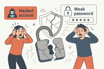 Distressed man and woman react to security breach concept with broken padlock, cracked shield, hacked account icon, and weak password notification illustrating cybersecurity failure.