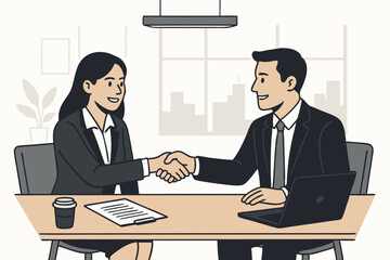 Business professionals shaking hands after successful job interview or meeting. Vector graphic showing agreement, partnership, recruitment, and hiring success in a modern office.