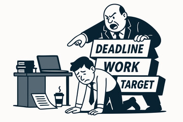 Stressed businessman crushed under the heavy burden of deadlines, work, and targets, facing pressure from an angry boss. Vector illustration depicting workplace stress and burnout.