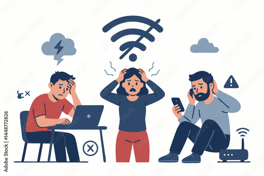 Fototapete stressed individuals facing wi-fi connection problems vector art, depicting frustration with no inte