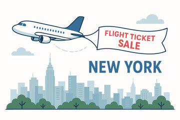 Flat vector graphic showing an airplane with a "Flight Ticket Sale" banner soaring above the iconic New York City skyline. Perfect for travel industry advertising and promotions.