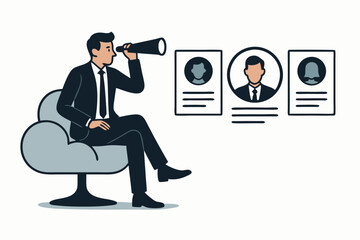 Businessman on cloud chair uses telescope for talent recruitment, searching candidate profiles. Human resources vector concept for hiring, job search, and strategic workforce planning.