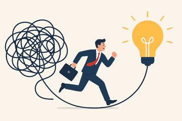 Journey from Chaos to Clarity: Vector Illustration of a Businessman Escaping a Complex Tangle to Reach a Brilliant Lightbulb Idea, Representing Innovation and Problem Solving.