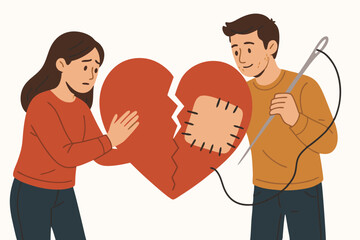 Fototapeta premium Vector art of a couple working together to mend a large broken red heart. Man stitches patch with needle and thread, woman supports. Symbolizes relationship therapy, healing, forgiveness.