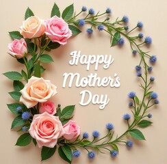 Mother's Day floral wreath with delicate roses and blue flowers, adorned with elegant handwritten typography