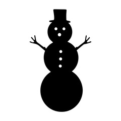 Black Silhouette Snowman with Top Hat Standing on White Background for Christmas