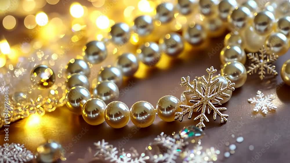 Poster sparkling holiday ornaments and shimmering pearls create a festive atmosphere full of joy and warmth
